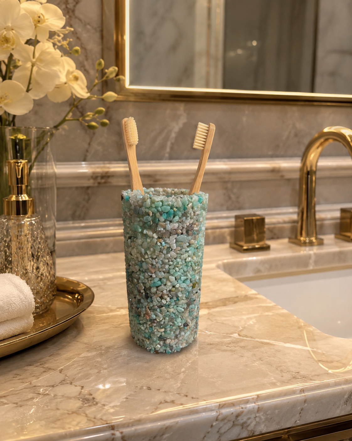 Porta Escovas De Dente De Pedra Banheiro E Lavabo Premium Verde Tifany