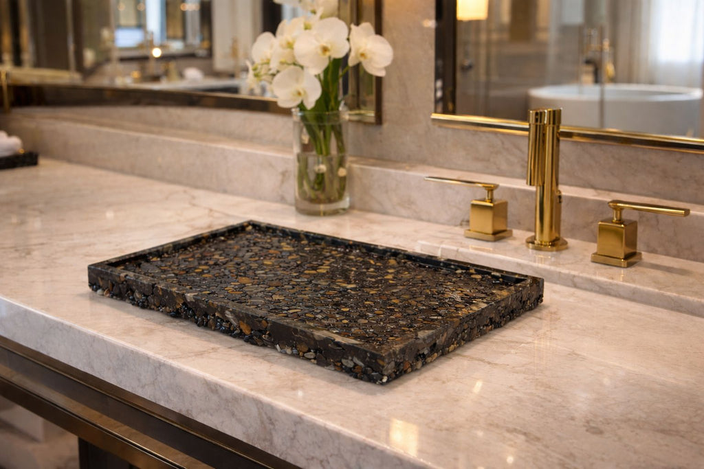 Bandeja De Pedra Para Lavabo Decorativa Quadrada Premium Ágata Negra