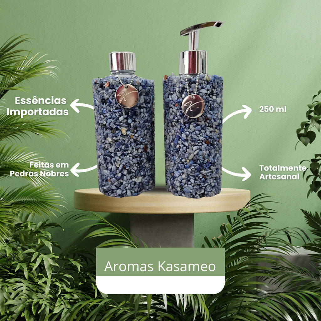 Kit Vidro Aromatizador E Saboneteira Banheiro Quartzo Azul Sodalita