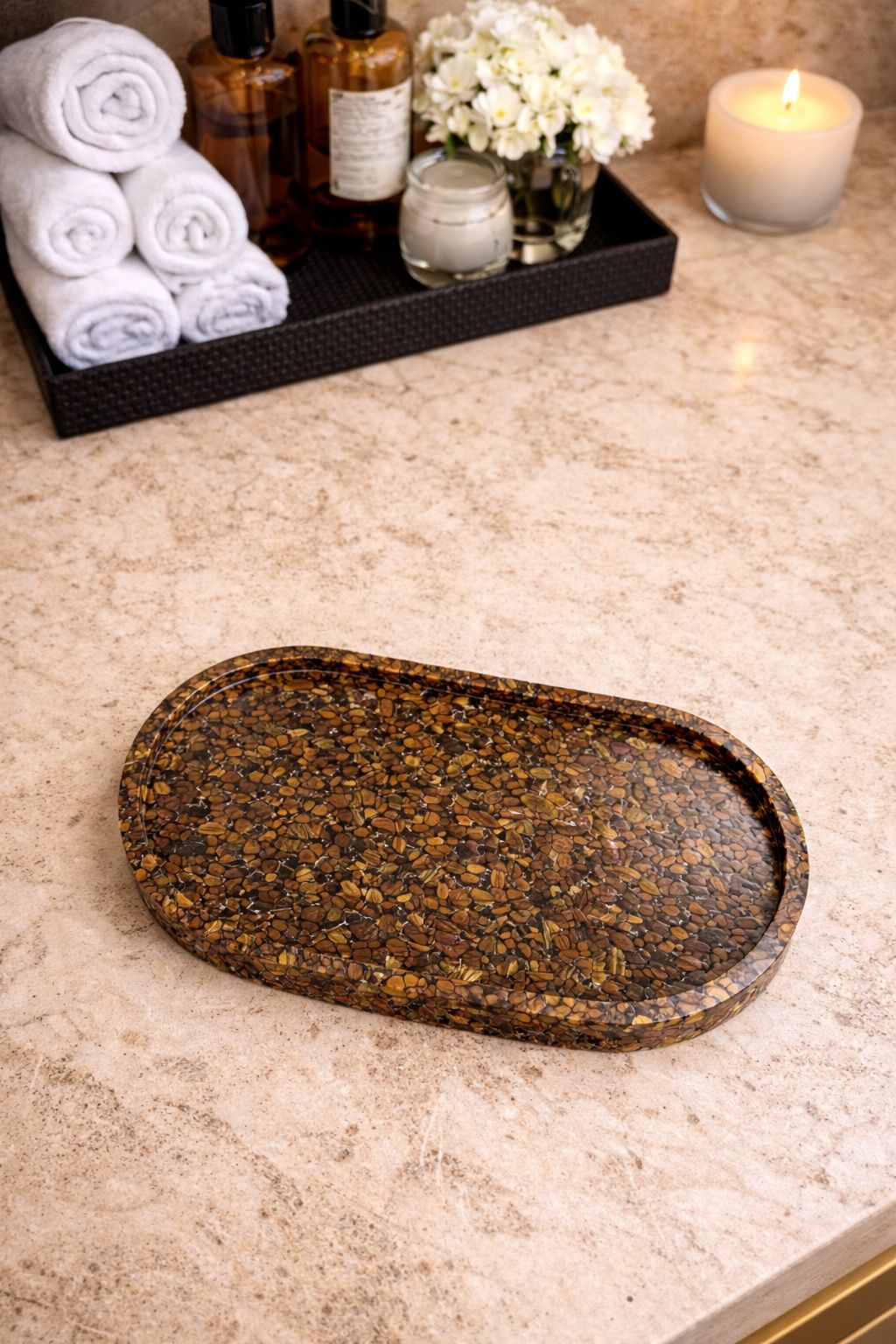 Bandeja De Pedra Para Lavabo Decorativa Oval Cor Olho de Tigre