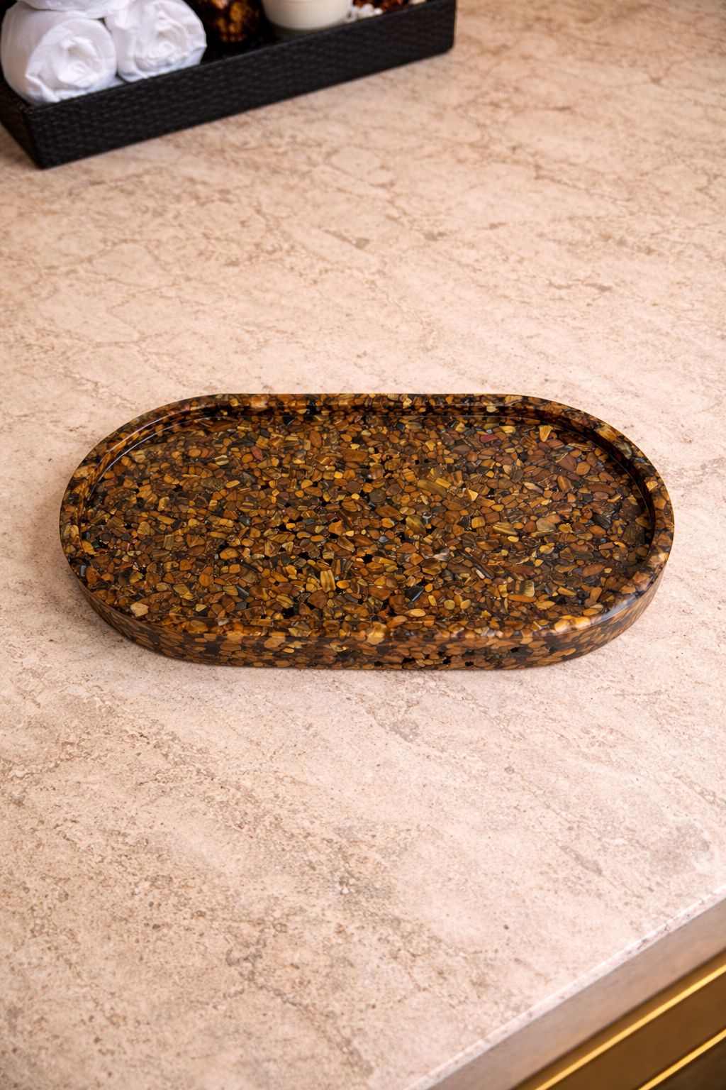 Bandeja De Pedra Para Lavabo Decorativa Oval Cor Olho de Tigre