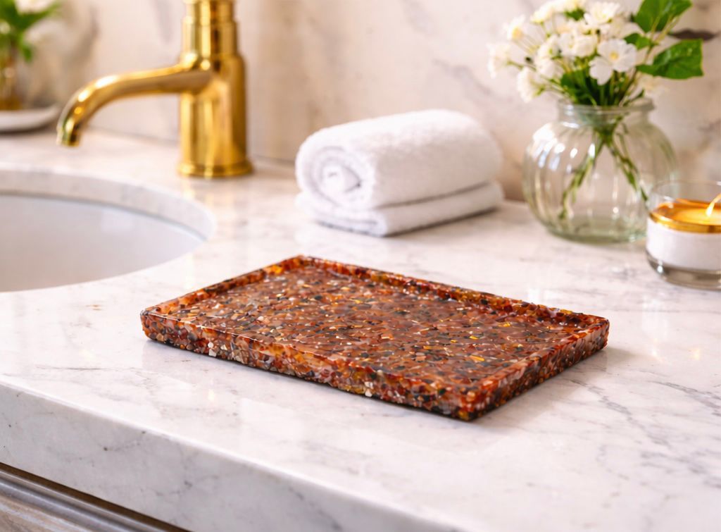 Bandeja De Pedra Para Lavabo Decorativa Quadrada Cor Ágata Vermelha