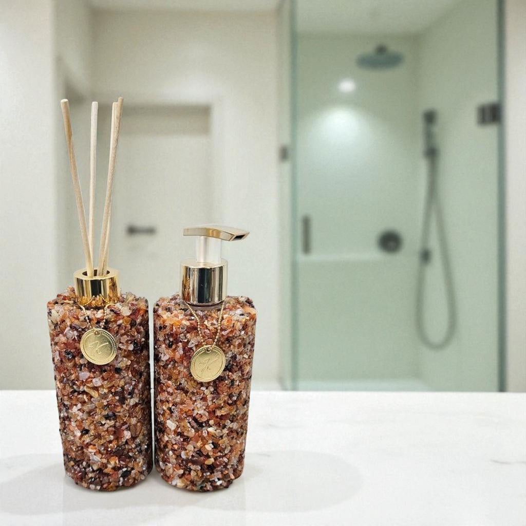 Kit Vidro Aromatizador E Saboneteira Banheiro Quartzo Agata Vermelha