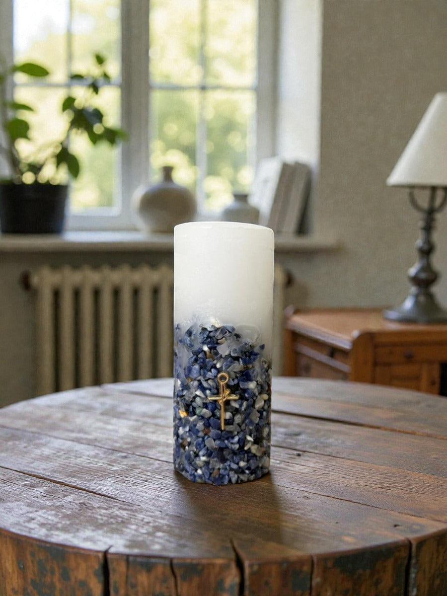 Vela Aromática Perfumada Poder Das Pedras em Quartzo Azul