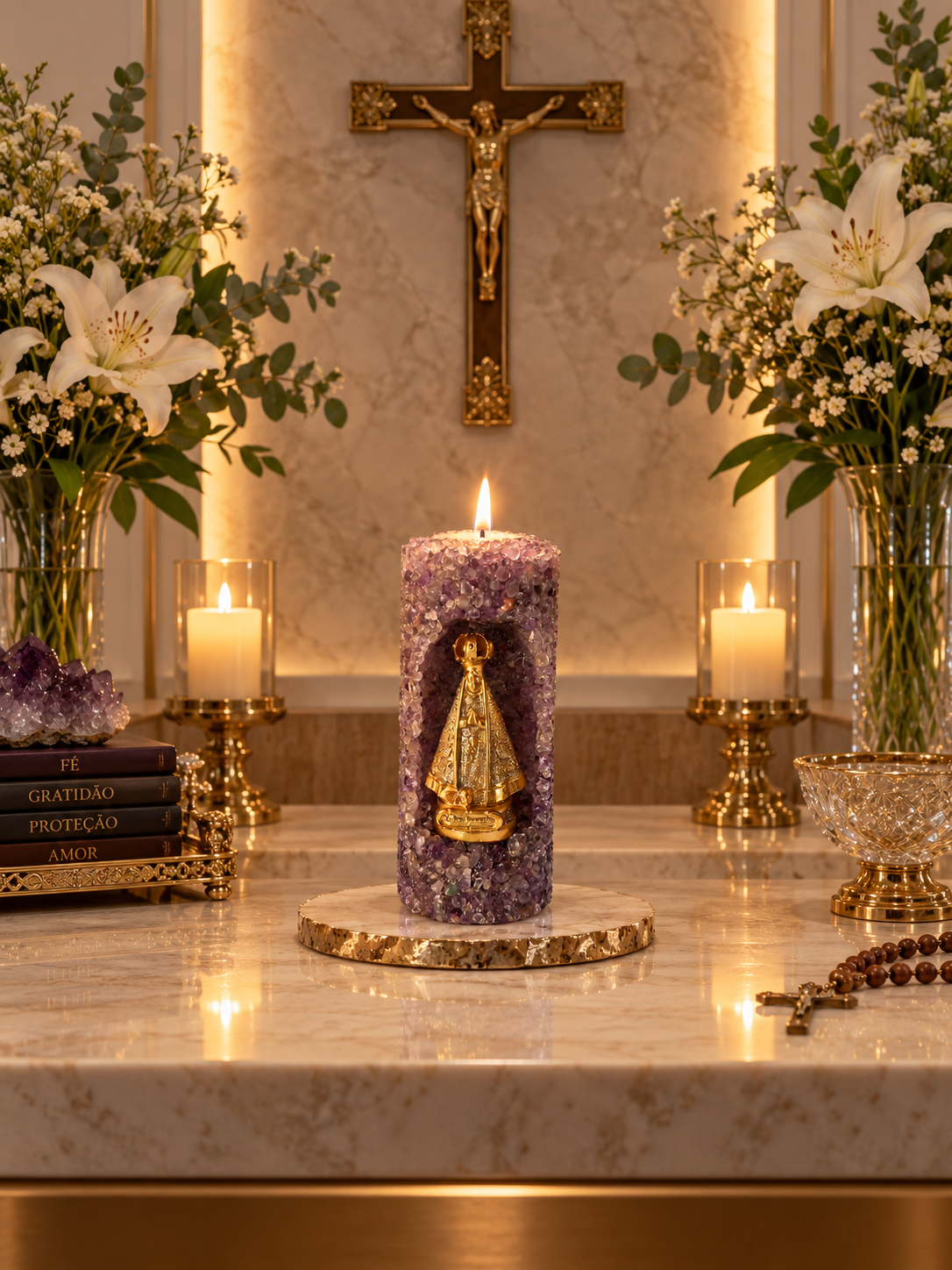 Vela Aromática Nossa Senhora Aparecida em Quartzo Ametista