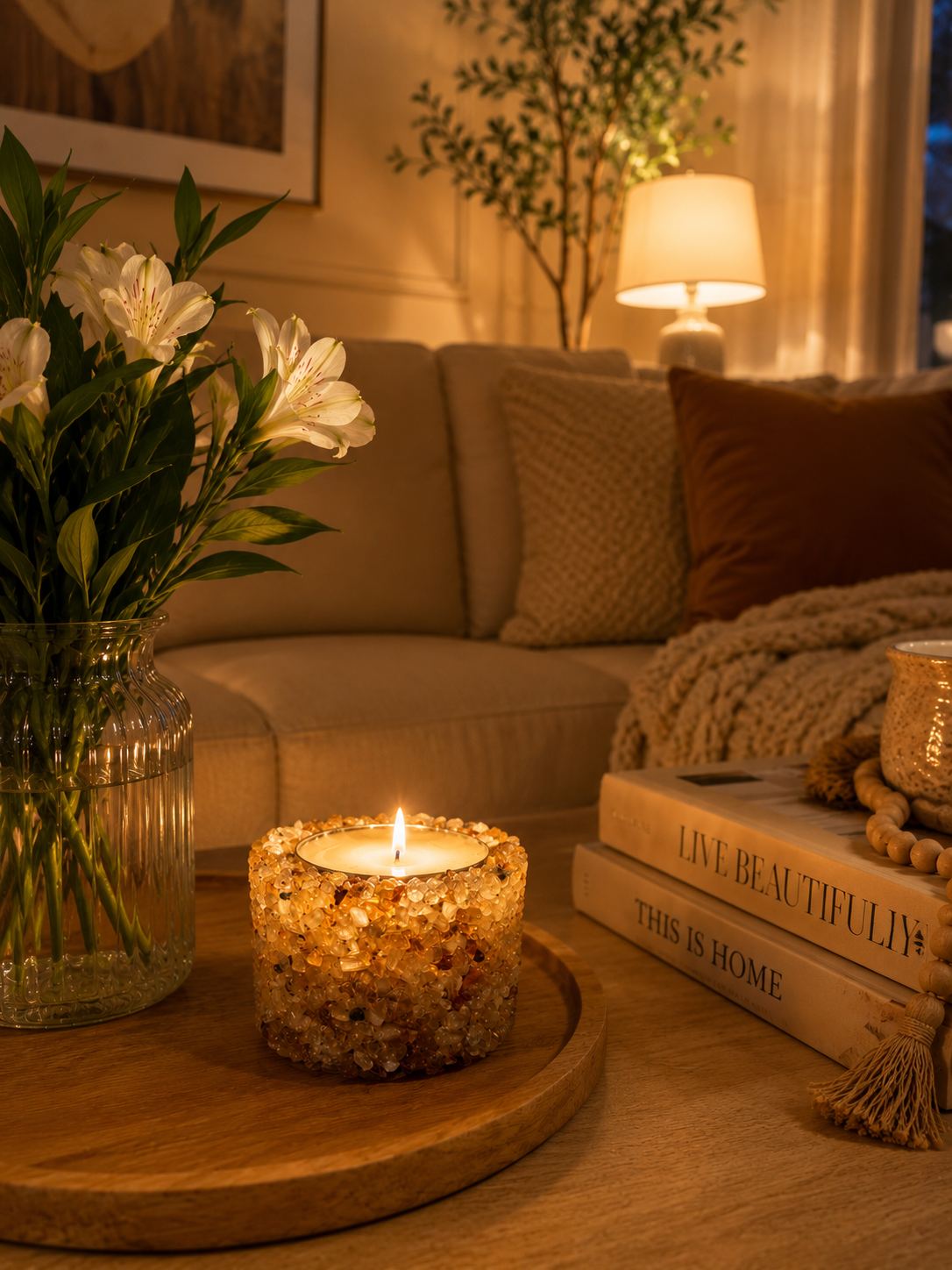 Vela Aromática Em Pedras Naturais Presente Decorativa Floral - Citrino