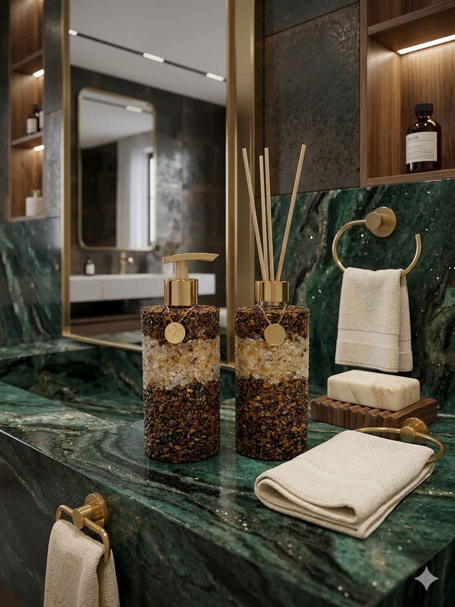Kit Vidro Aromatizador E Saboneteira Banheiro Quartzo Citrino com Marrom