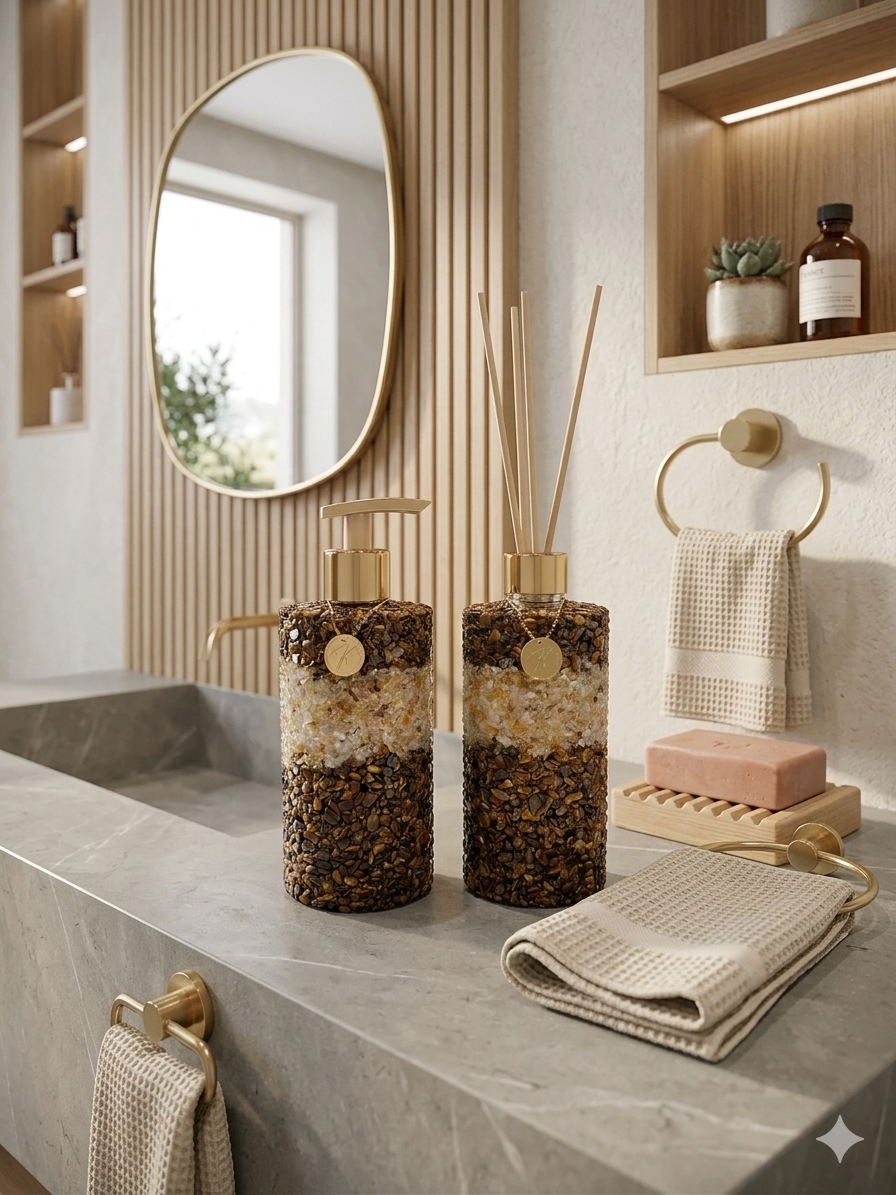 Kit Vidro Aromatizador E Saboneteira Banheiro Quartzo Citrino com Marrom