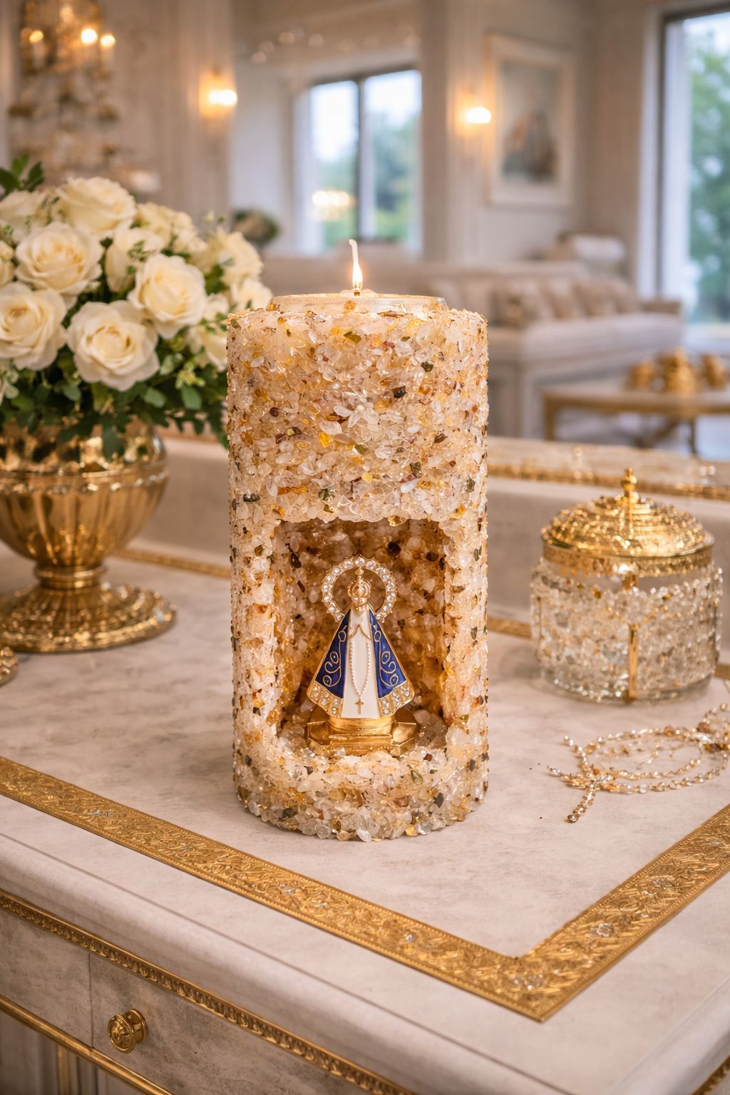 Vela Religiosa Aromática Nossa Senhora Pedra Quartzo Citrino - 15 cm