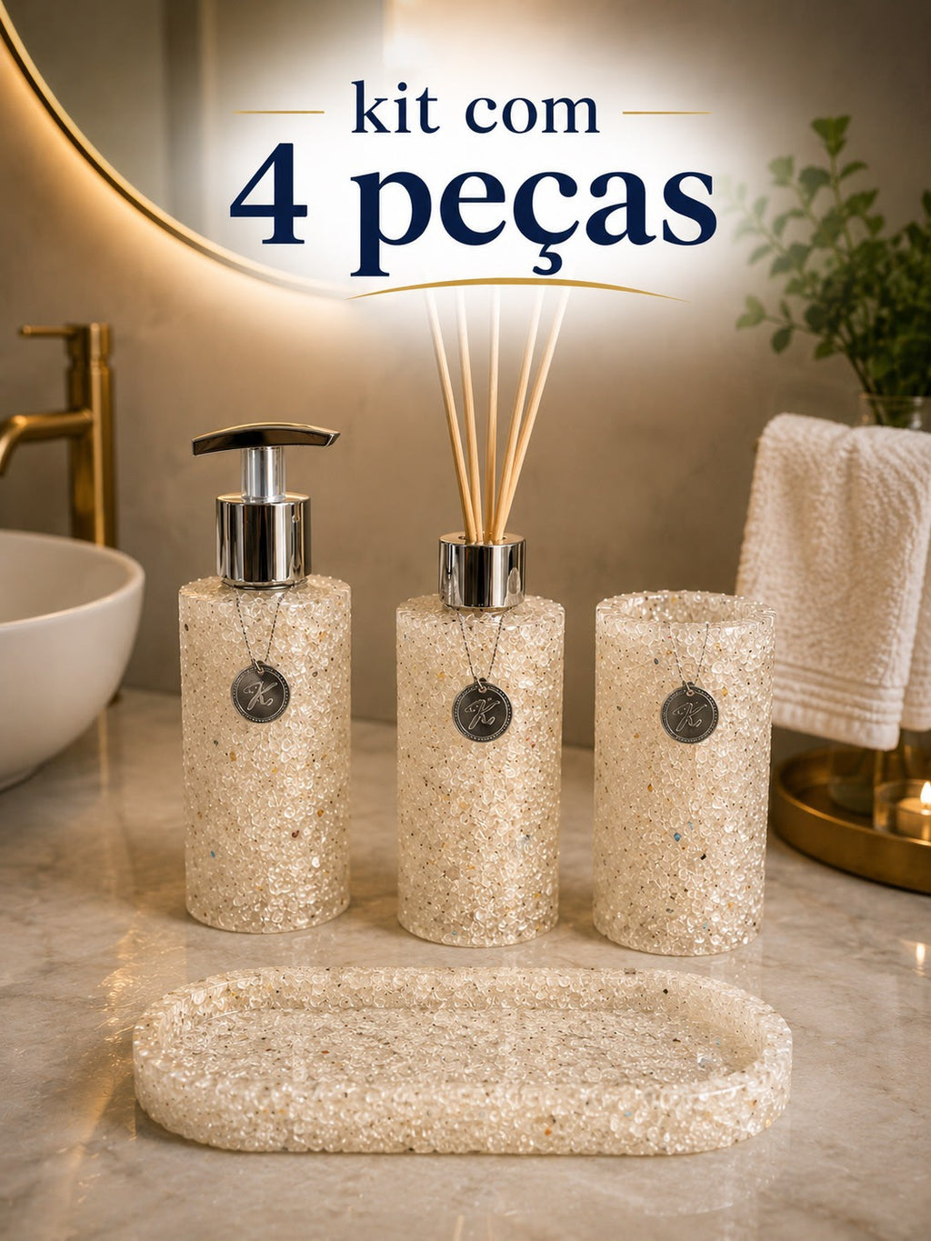 Kit Trio Aromatizador, Saboneteira, Porta Escova e Bandeja Em Pedra Quartzo Cristal