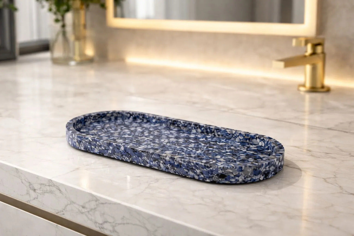 Bandeja De Pedra Trio Para Lavabo Decorativa Oval Grande Cor Azul Sodalita