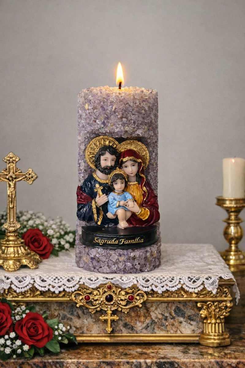 Vela Oratório Aromática Religiosa Sagrada Família Quartzo Ametista
