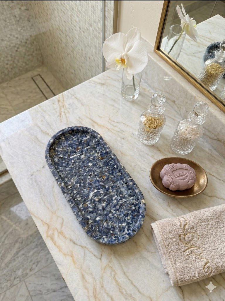Bandeja De Pedra Trio Para Lavabo Decorativa Oval Grande Cor Azul Sodalita