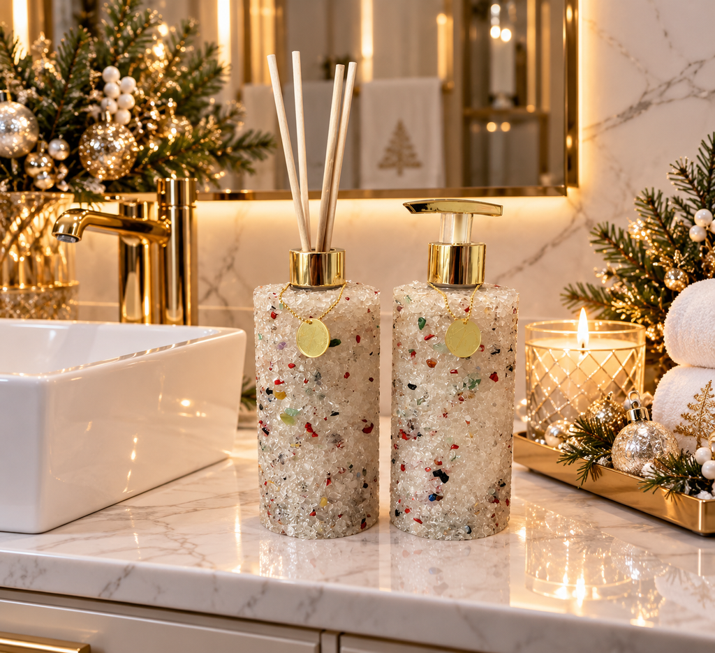 Kit Vidro Aromatizador Saboneteira Quartzo Cristal De Natal