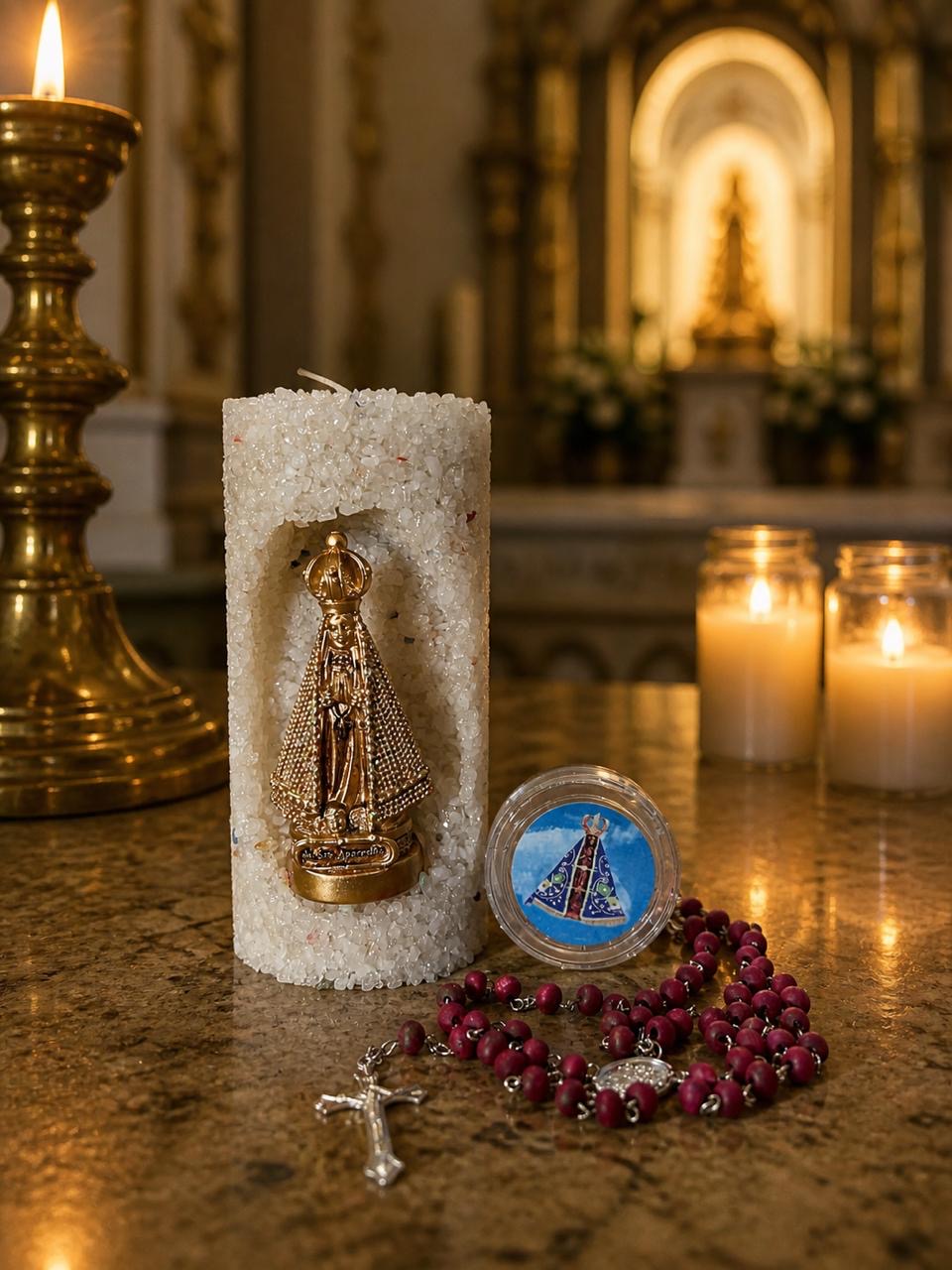 Vela Aromática Religiosa Nossa Senhora Aparecida em Quartzo Branco Com Brinde  de Rosário