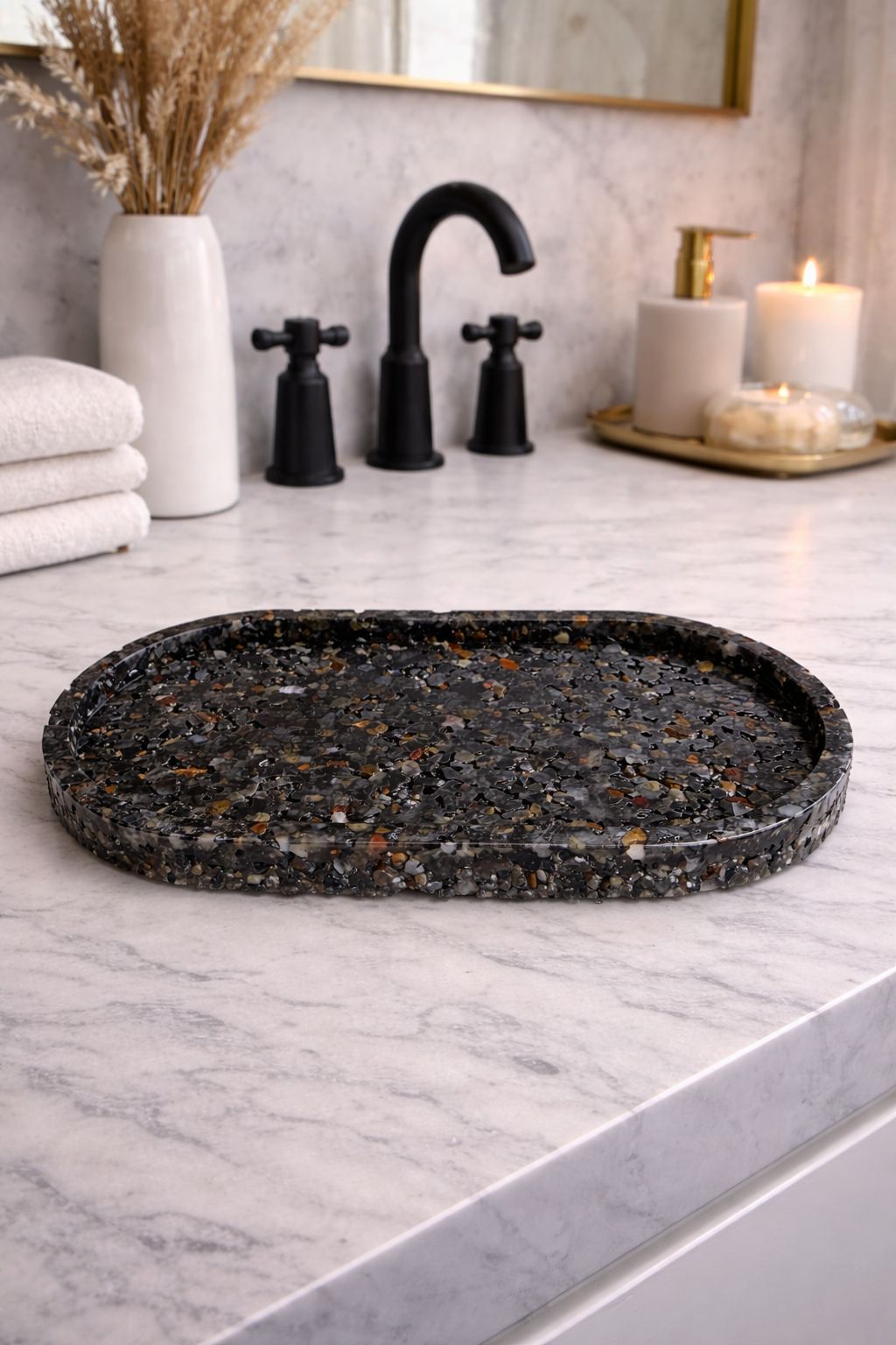 Bandeja Oval Premium Lavabo Banheiro Luxo Quartzo Natural Ágata Negra