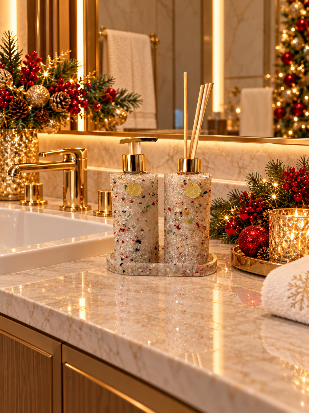 Kit Vidro Aromatizador E Saboneteira Com Bandeja Cristal De Natal