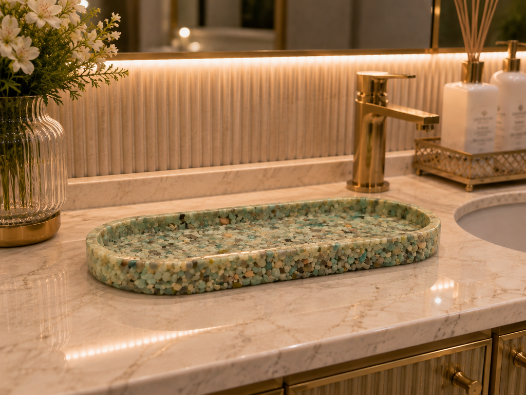 Bandeja De Pedra Trio Para Lavabo Decorativa Grande Premium Verde Tifany