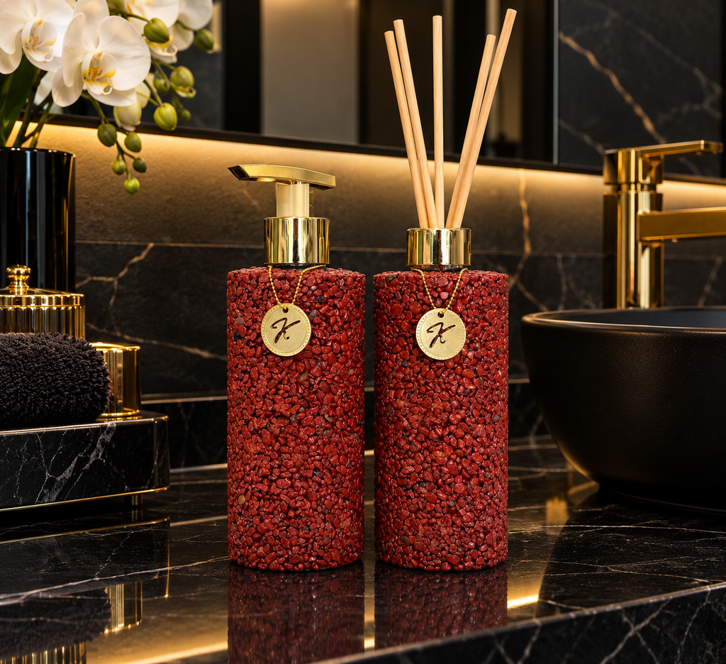 Kit Aromatizador E Saboneteira Luxo em Quartzo Vermelho Africano