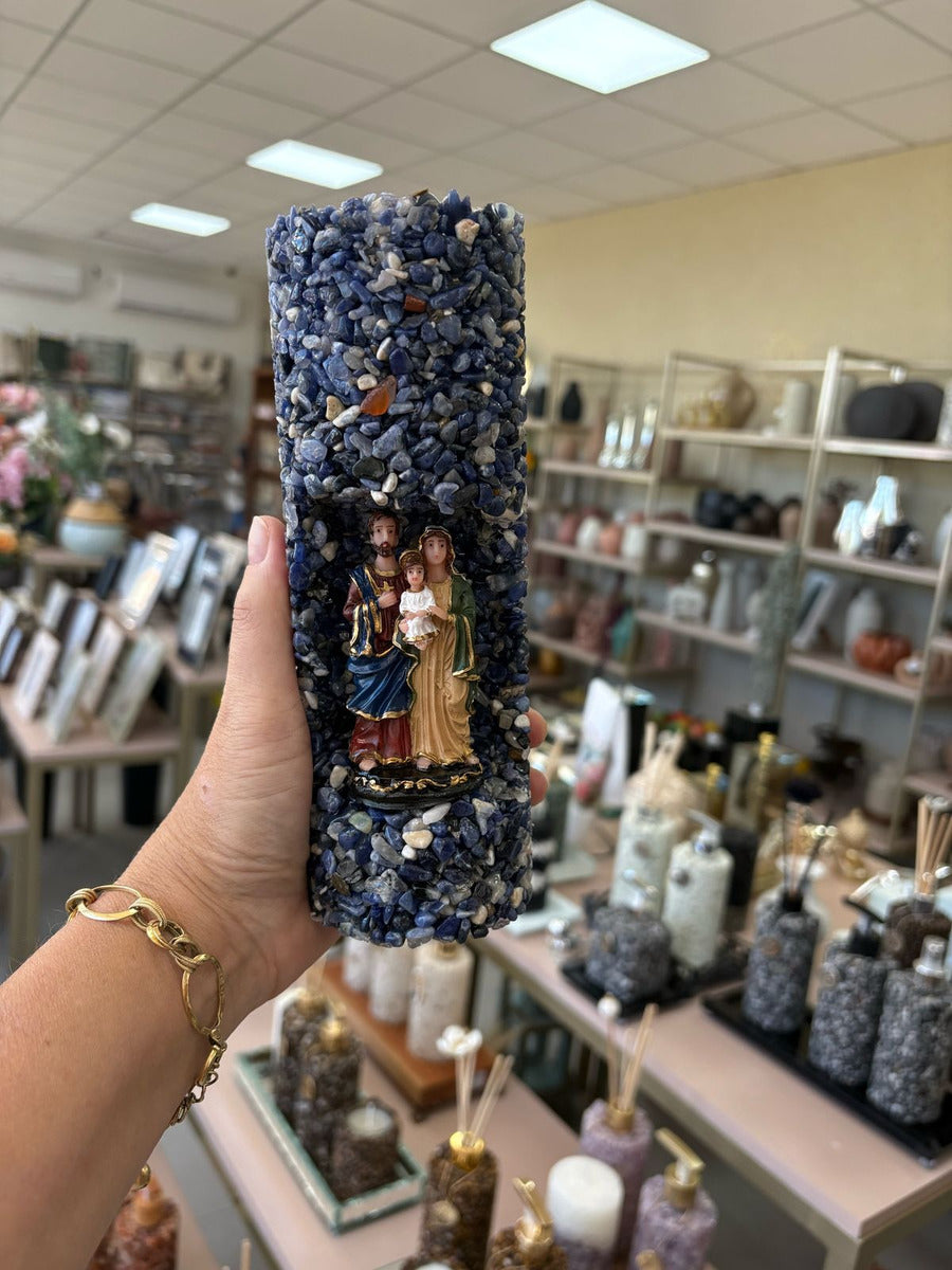 Vela Artesanal Aromática Religiosa Sagrada Família Decorada Azul Floral
