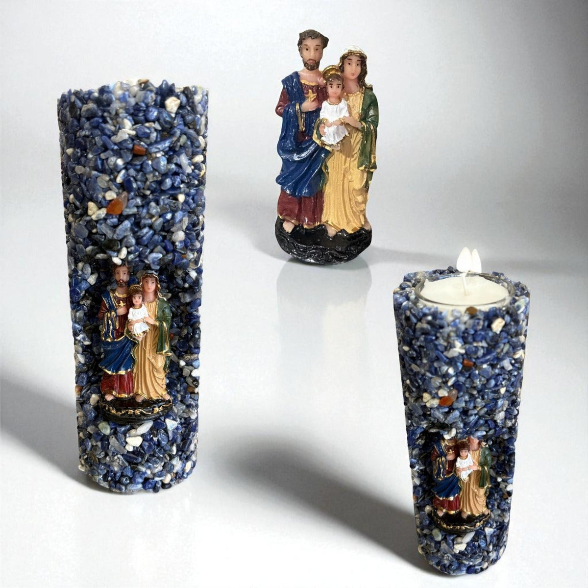 Vela Artesanal Aromática Religiosa Sagrada Família Decorada Azul Floral