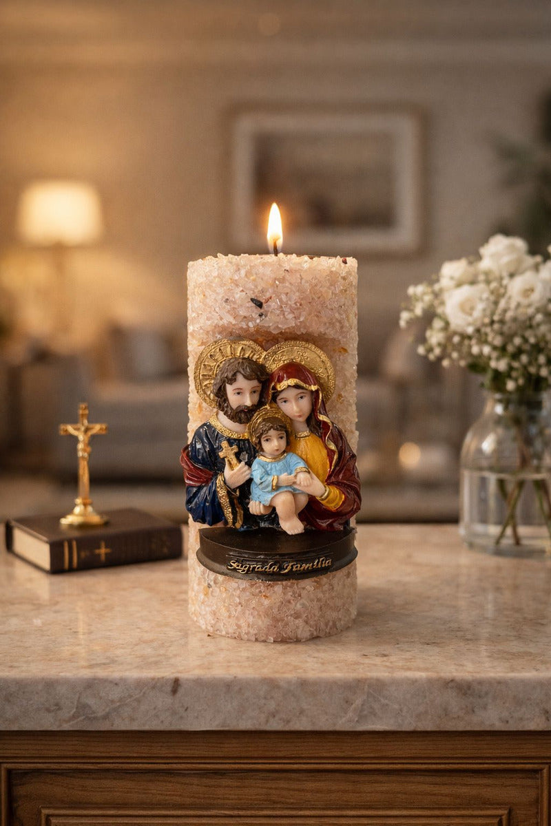 Vela Oratório Aromática Religiosa Sagrada Família em Quartzo Rosa