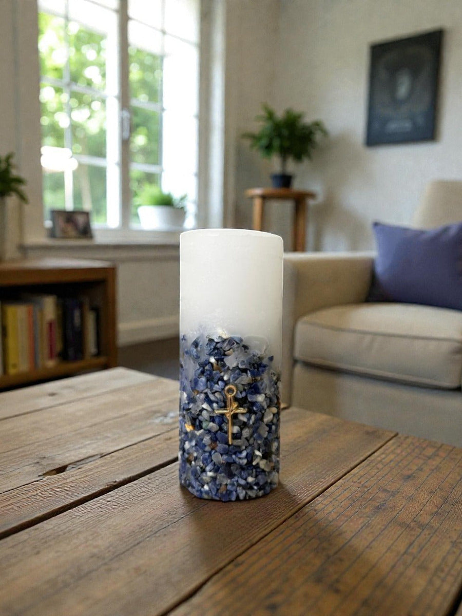 Vela Aromática Perfumada Poder Das Pedras em Quartzo Azul