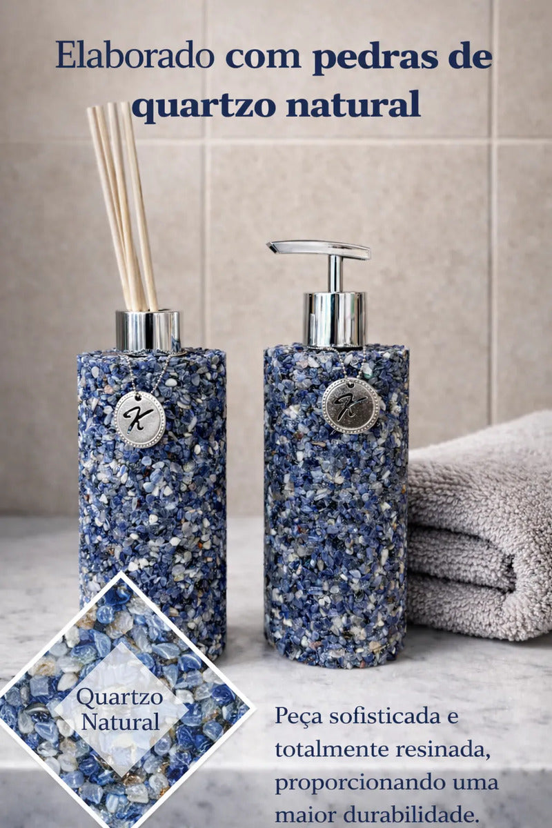 Kit Vidro Aromatizador E Saboneteira Banheiro Quartzo Azul Sodalita