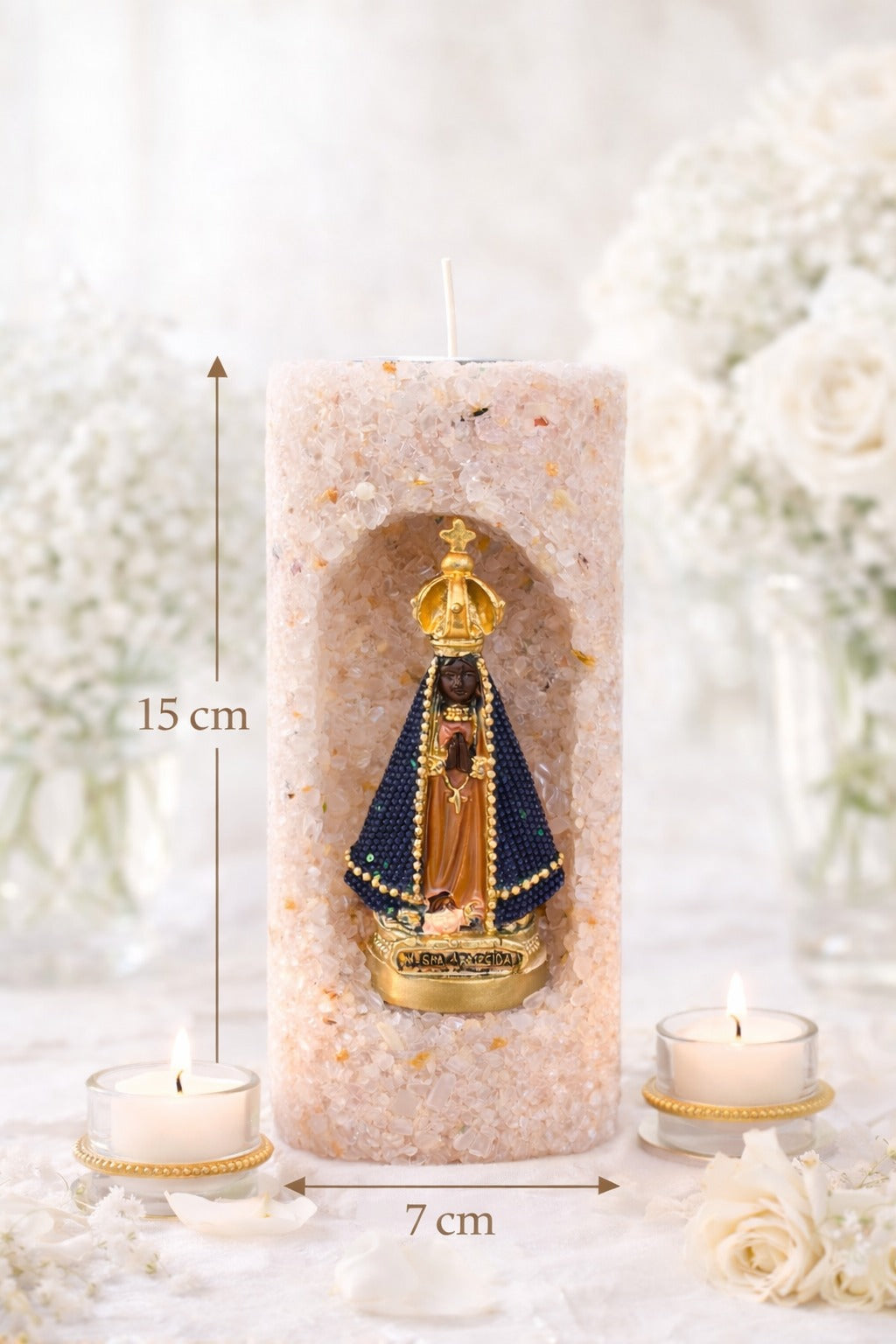 Vela Aromática Nossa Senhora Aparecida em Quartzo Rosa – Escultura Religiosa e Aromaterapia