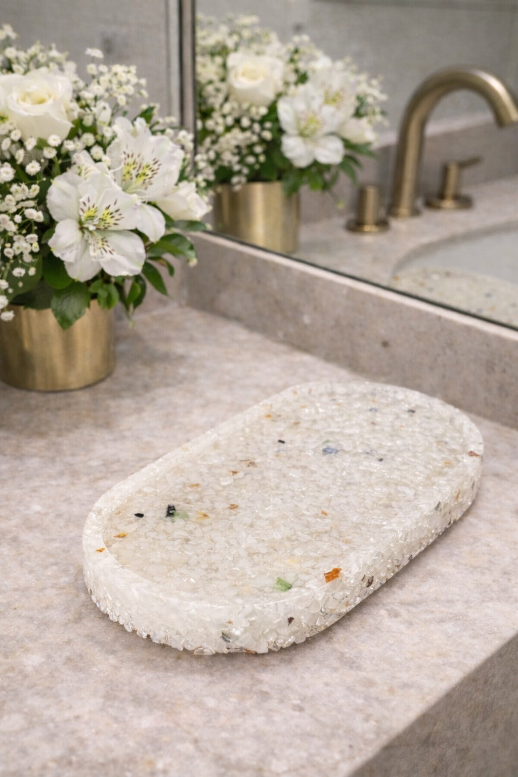 Bandeja De Pedra Para Lavabo Decorativa Oval Cor Branco