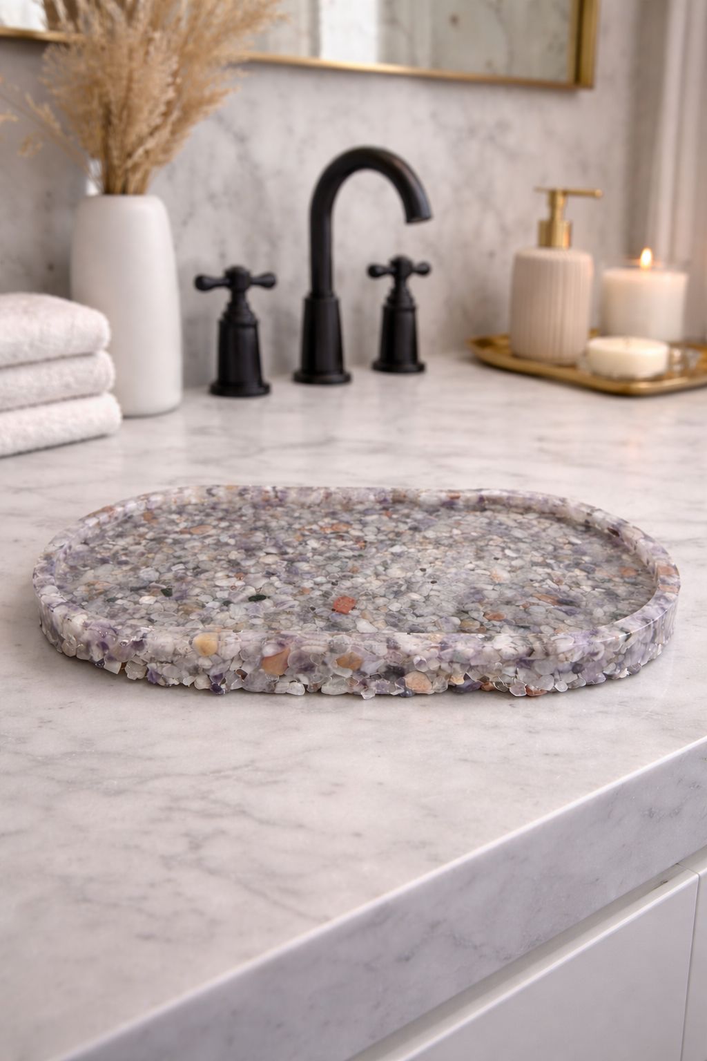 Bandeja Oval Premium Lavabo Banheiro Luxo Quartzo Natural Ametista