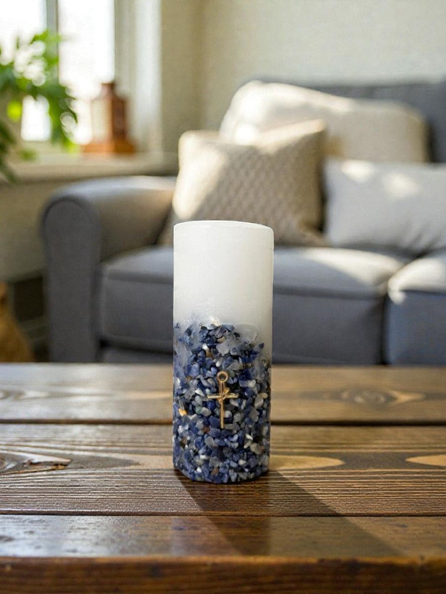 Vela Aromática Perfumada Poder Das Pedras em Quartzo Azul