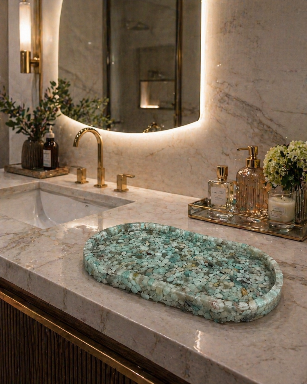Bandeja Oval Premium Lavabo Banheiro Luxo Quartzo Natural Tifany
