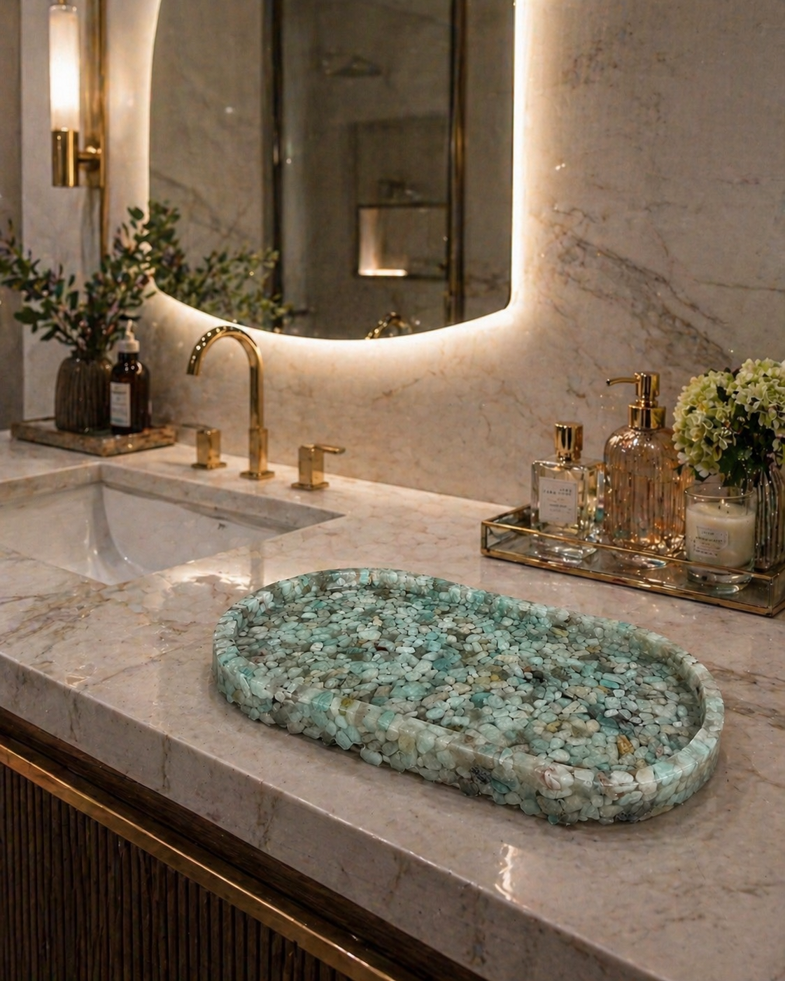 Bandeja Oval Premium Lavabo Banheiro Luxo Quartzo Natural Tifany
