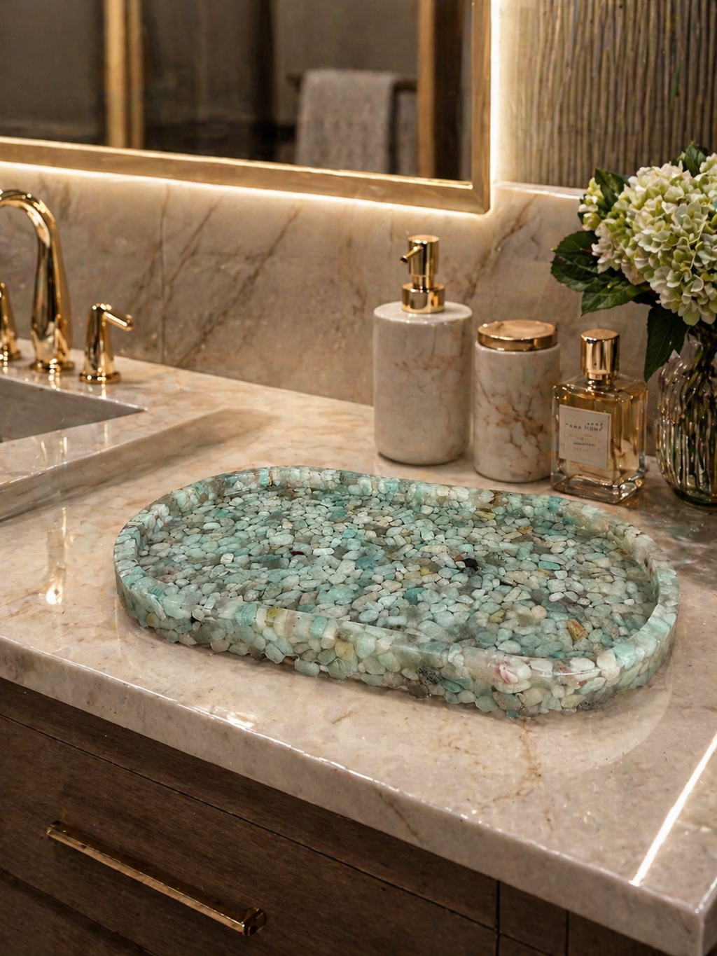 Bandeja Oval Premium Lavabo Banheiro Luxo Quartzo Natural Tifany