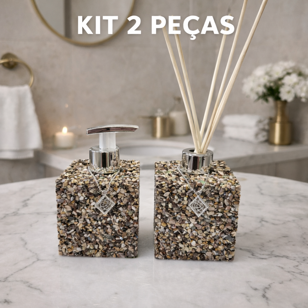 Kit Vidro Aromatizador E Saboneteira Quadrado Quartzo Jaspe Zebra