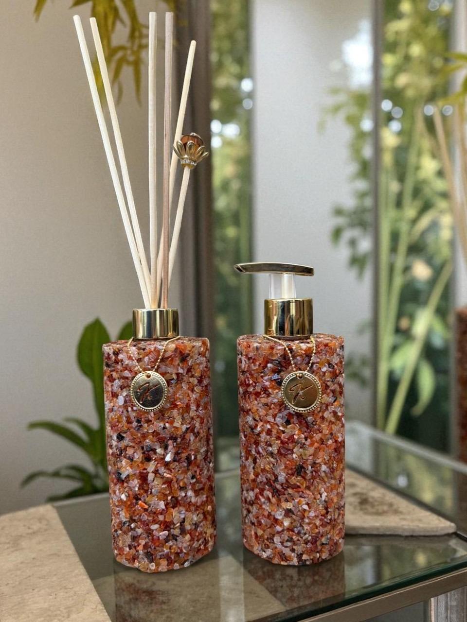 Kit Vidro Aromatizador E Saboneteira Banheiro Quartzo Agata Vermelha