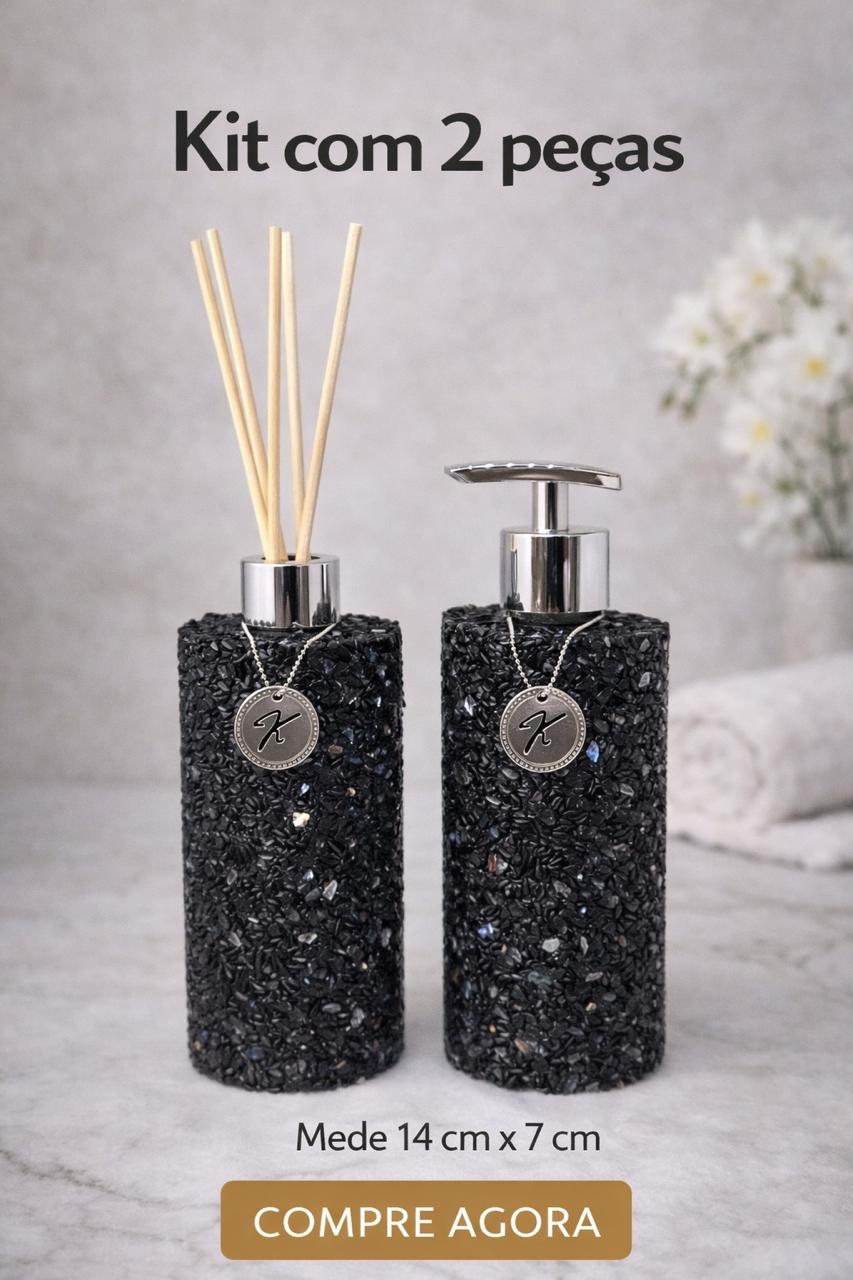 Kit Vidro Aromatizador E Saboneteira Banheiro Quartzo Pedra Negra
