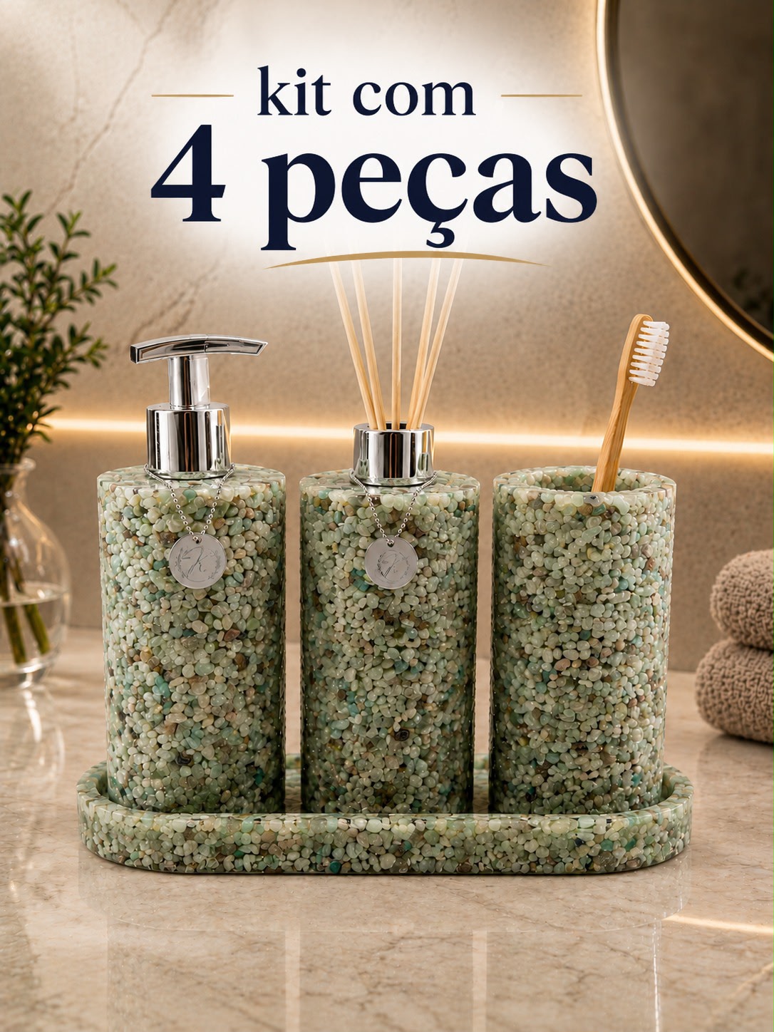 Kit Trio Aromatizador, Saboneteira Liquida, Porta Escova e Bandeja Linha Premium Verde Tifany