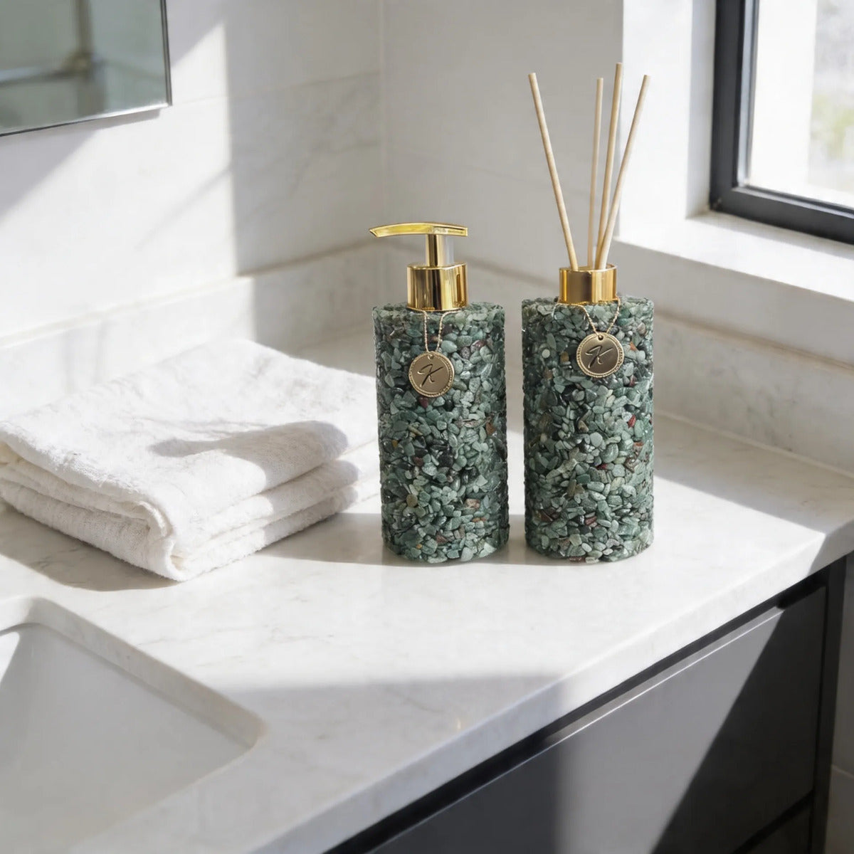 Kit Vidro Aromatizador Saboneteira Banheiro Quartzo Cor Verde