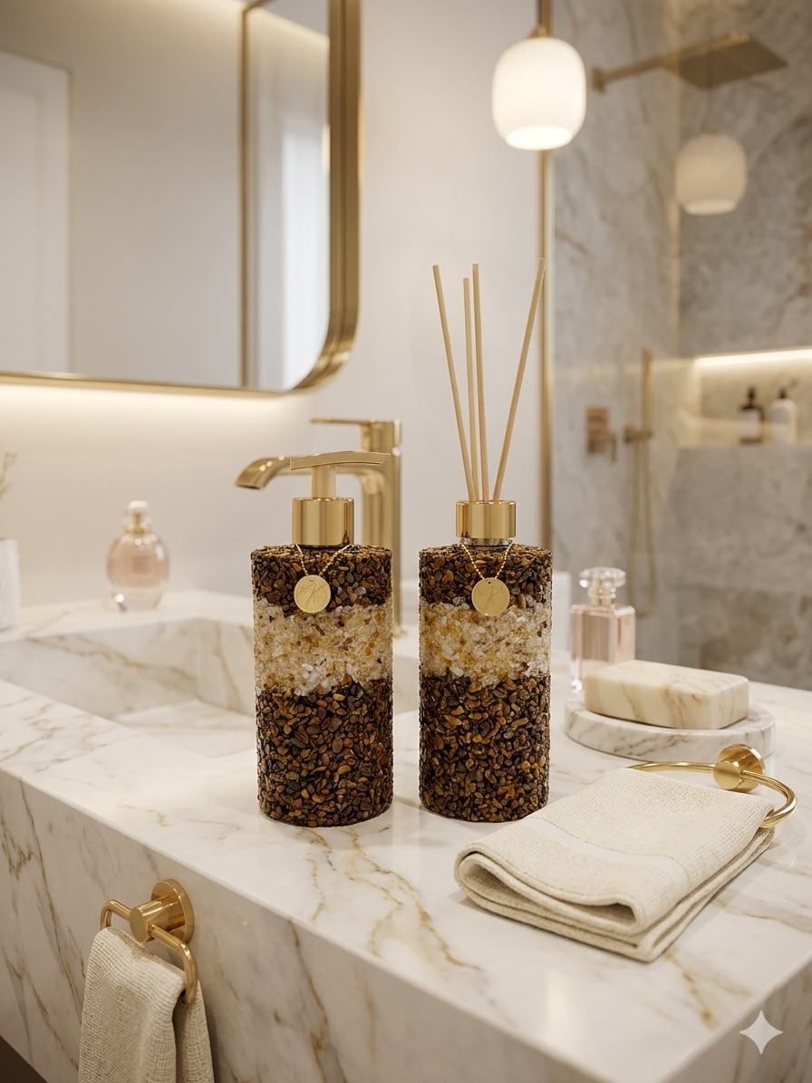 Kit Vidro Aromatizador E Saboneteira Banheiro Quartzo Citrino com Marrom