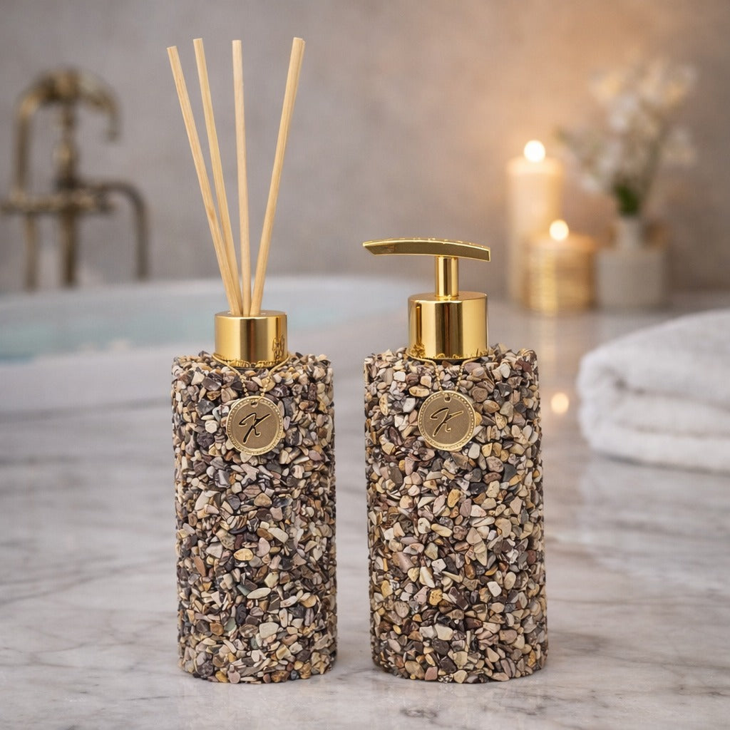 Kit Vidro Aromatizador E Saboneteira Banheiro Quartzo Jaspe Zebra