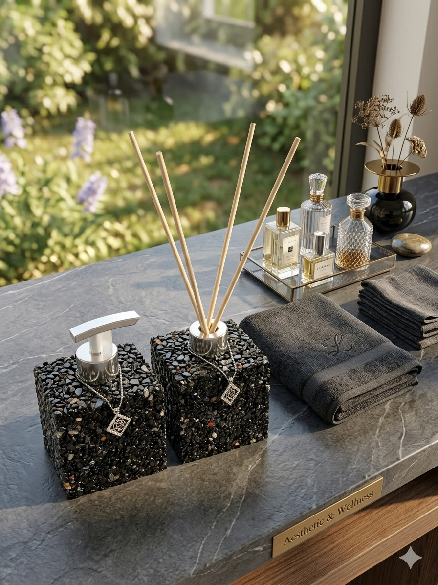Kit Vidro Aromatizador E Saboneteira Quadrado Quartzo Cor Preto