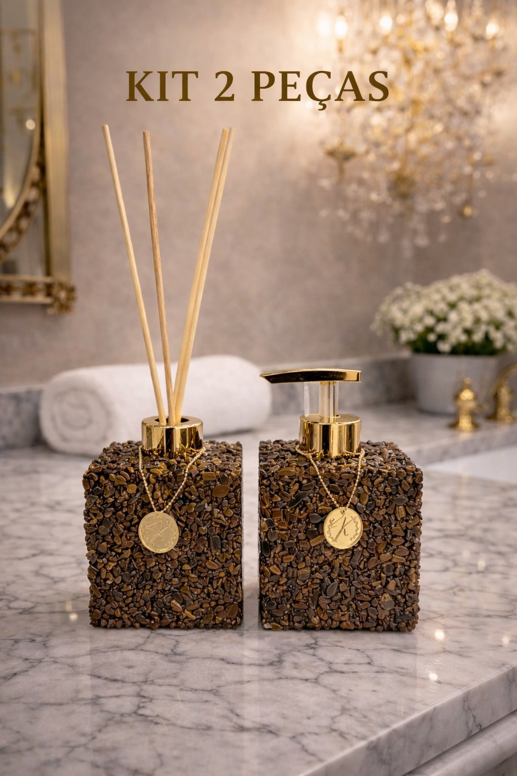 Kit Vidro Aromatizador E Saboneteira Quadrado Quartzo Cor Olho de tigre