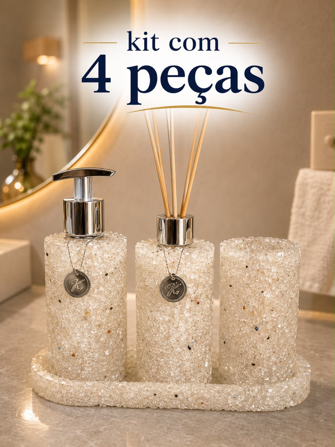 Kit Trio Aromatizador, Saboneteira, Porta Escova e Bandeja Em Pedra Quartzo Cristal