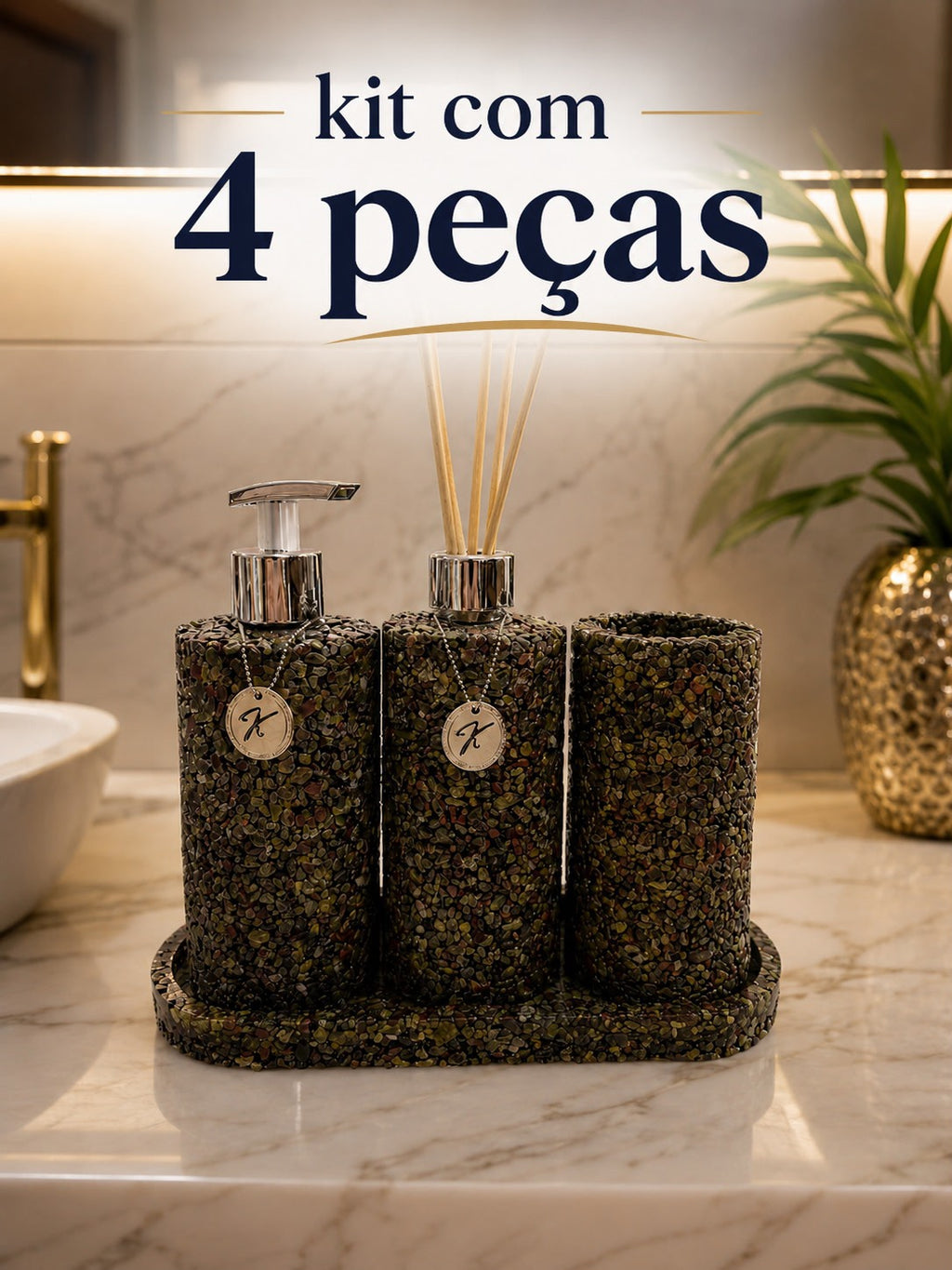 Kit Trio Aromatizador, Saboneteira Liquida, Porta Escova e Bandeja Linha Premium Olho de Dragão