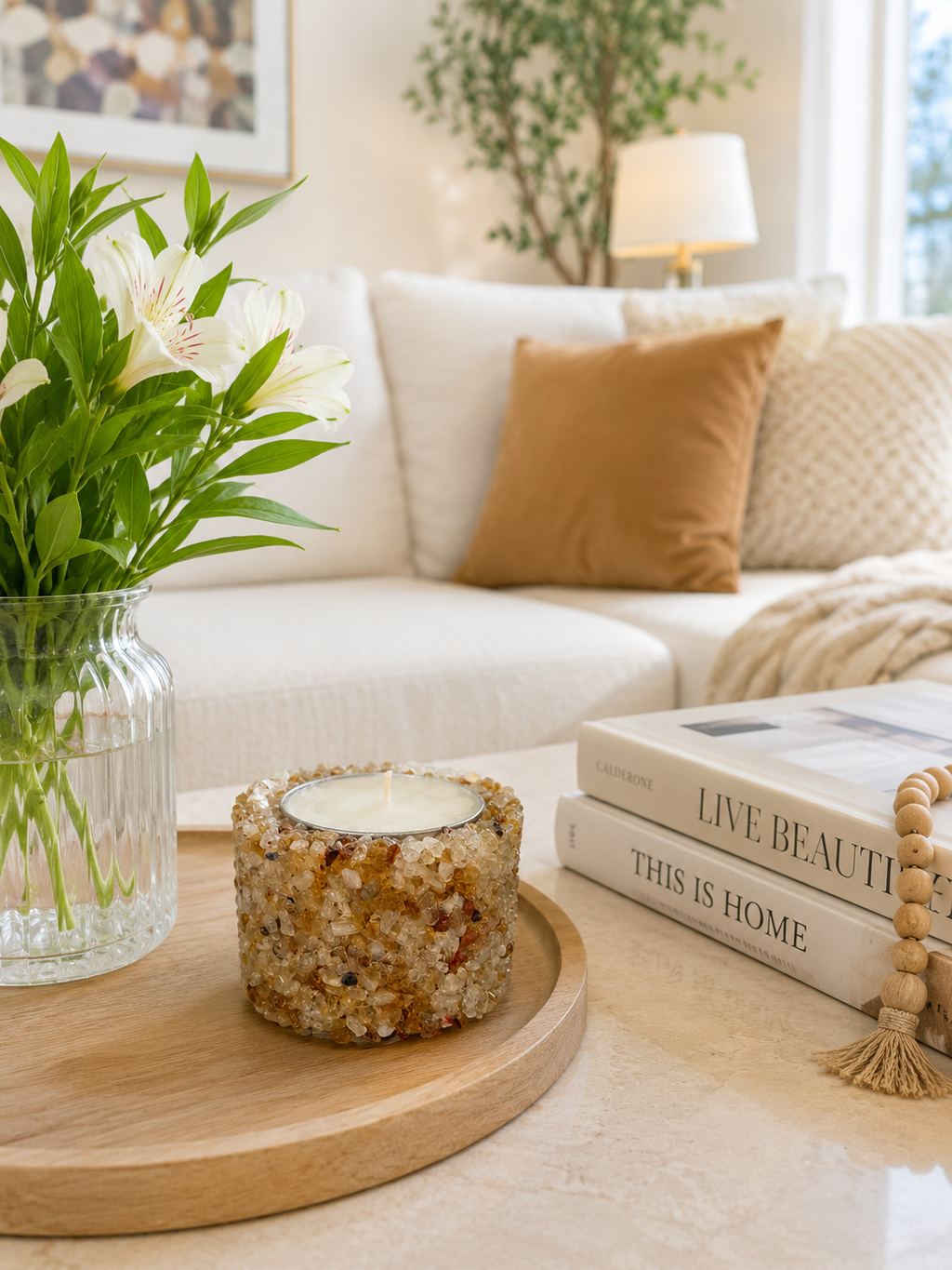 Vela Aromática Em Pedras Naturais Presente Decorativa Floral - Citrino