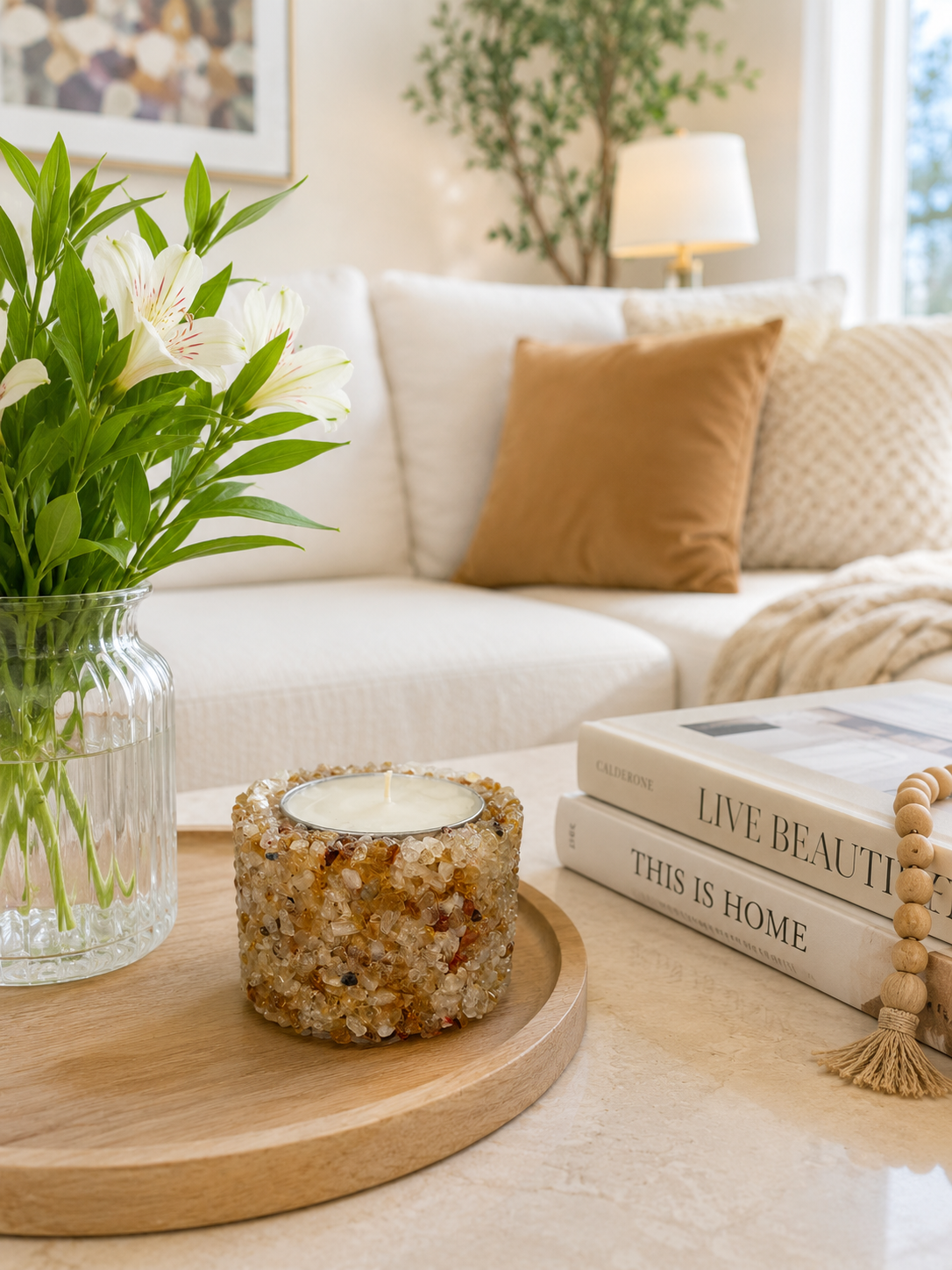 Vela Aromática Em Pedras Naturais Presente Decorativa Floral - Citrino