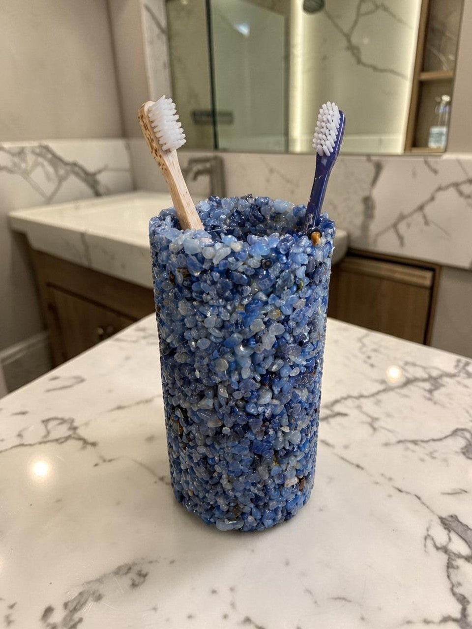 Porta Escovas De Dente De Pedra Banheiro E Lavabo Cor Azul Sodalita