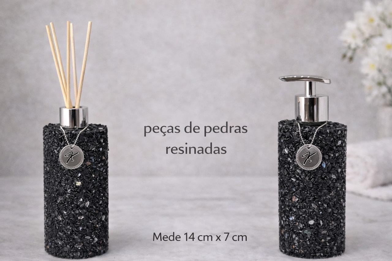 Kit Vidro Aromatizador E Saboneteira Banheiro Quartzo Pedra Negra